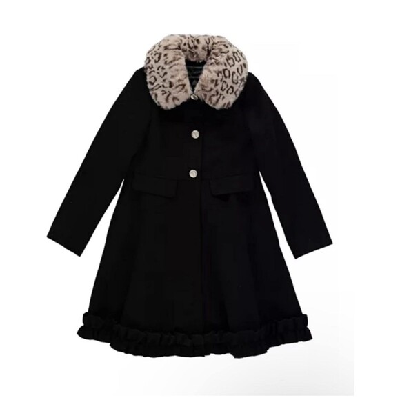 Rothschild Removable Faux Fur Leopard Collar and Ruffle Bottom Coat Black L (14) - Picture 1 of 6